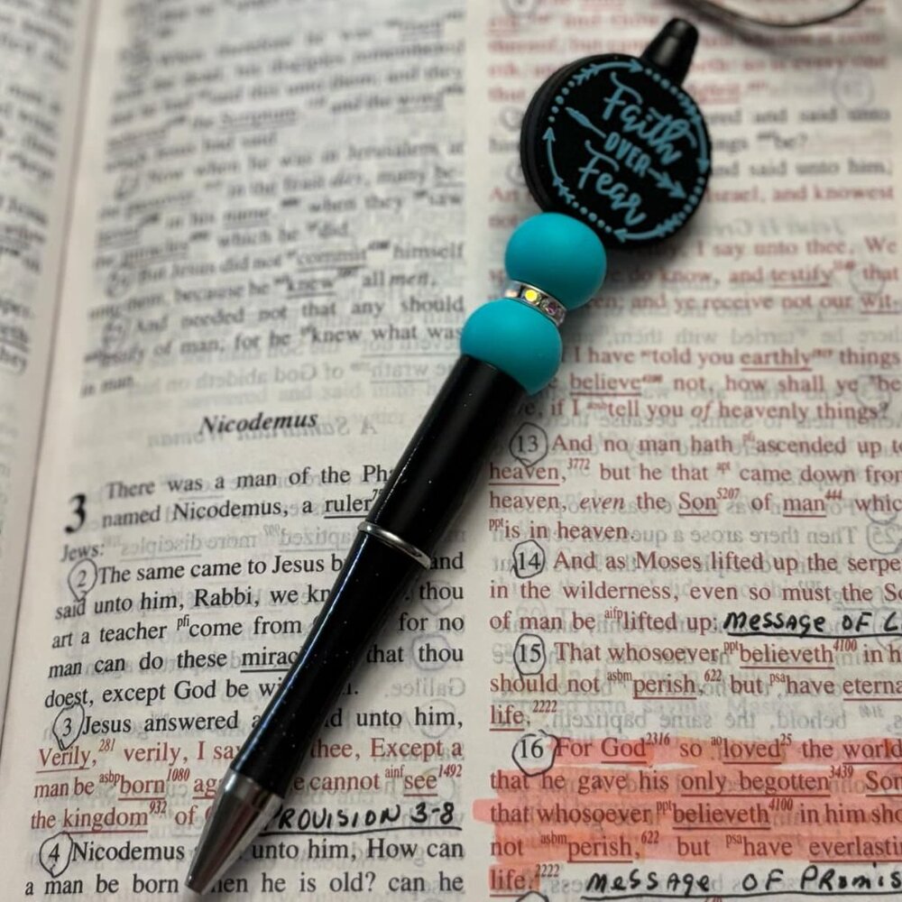 Beadable Pen "Faith Over Fear Blue and Black" #44